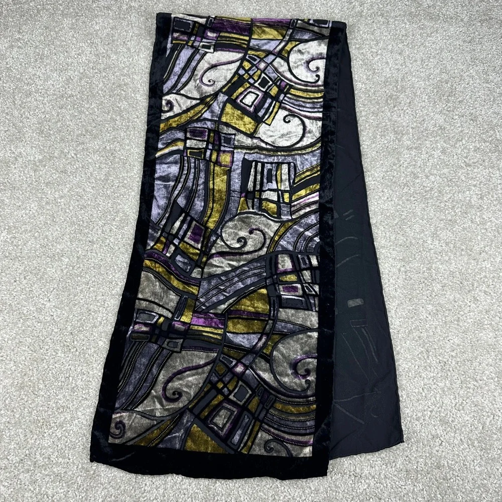 Art Deco Velvet Silk Burnout Scarf Stained Glass Devore Wrap Purple Gold Black